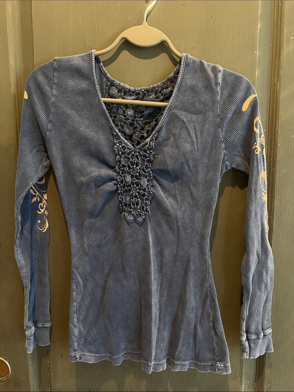 ONE WORLD Navy Blue Long Sleeve V-Neck Top with Crochet Inset and Gold Accents